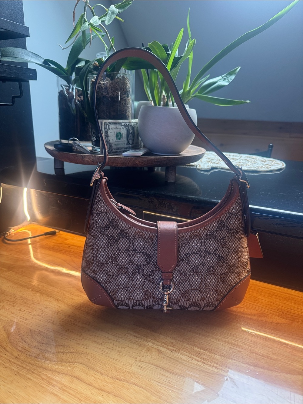 Coach Brown Signature Canvas Shoulder Bag with Leather Trim